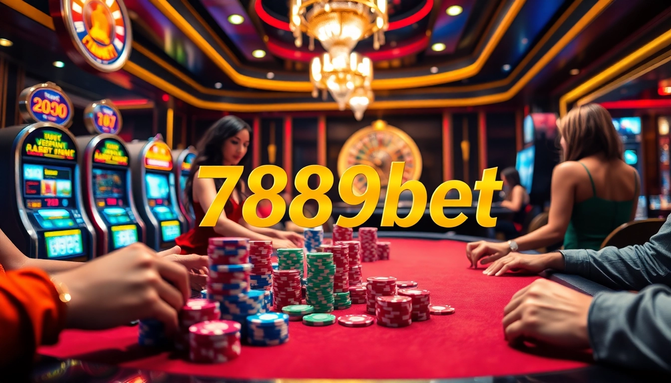 Intense poker action at the 789bet casino with colorful chips and a spinning roulette wheel.