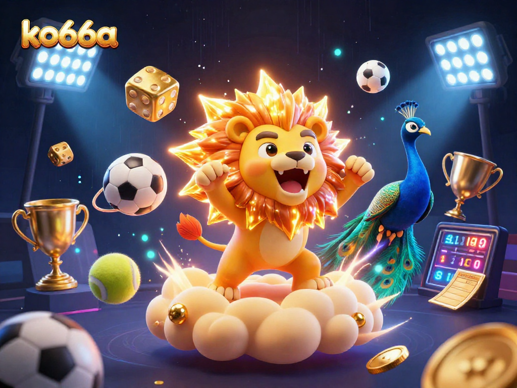 Engage with ko66a's vibrant casino world featuring a roaring sun lion, dynamic sports elements, and thrilling energy!