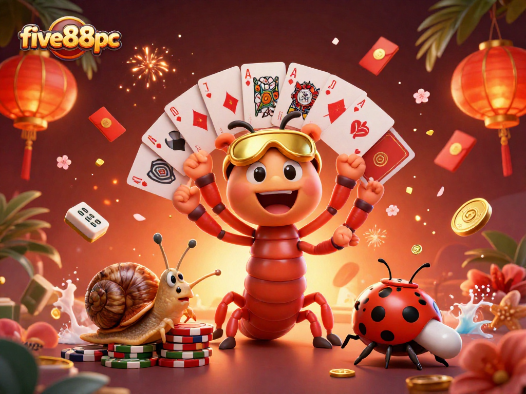 Experience the excitement of five88pc with a vibrant 3D casino scene featuring millipede dealer and high-roller snail.