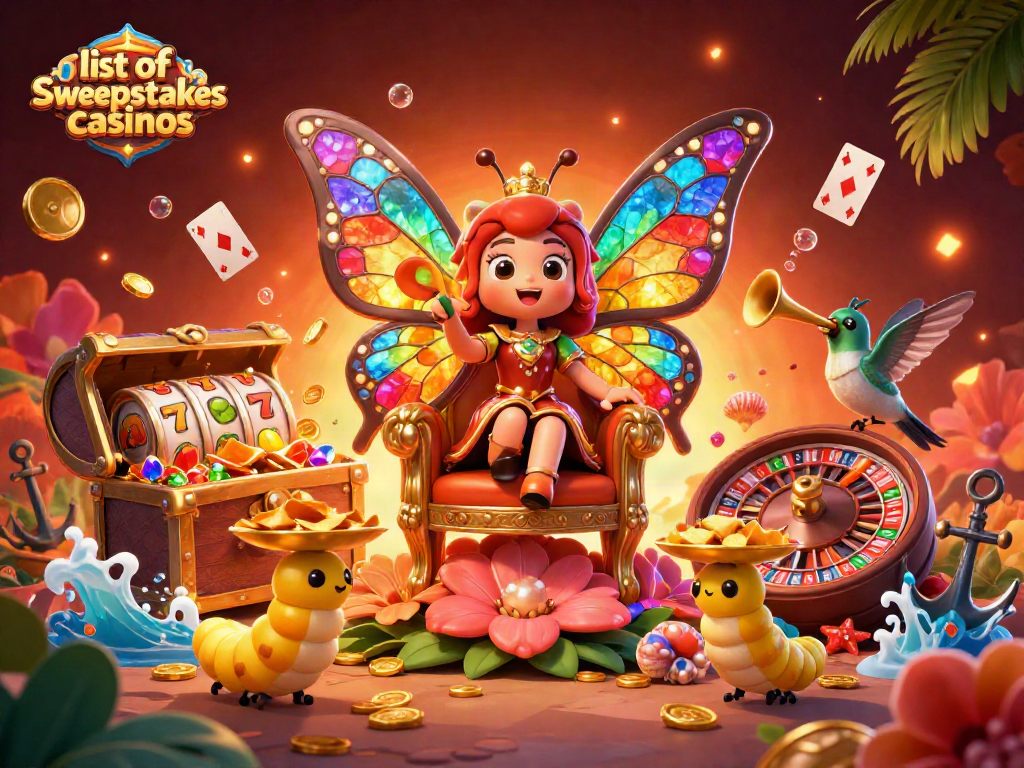 Experience excitement at the list of sweepstakes casinos, featuring vibrant gaming elements and dynamic characters.