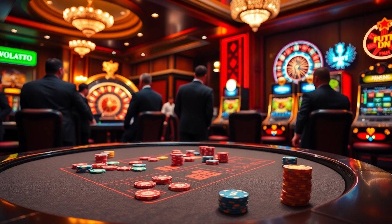 Engaging gamblers playing at a luxurious casino inspired by https://tapdoankjc.com/ with vibrant poker chips and roulette.