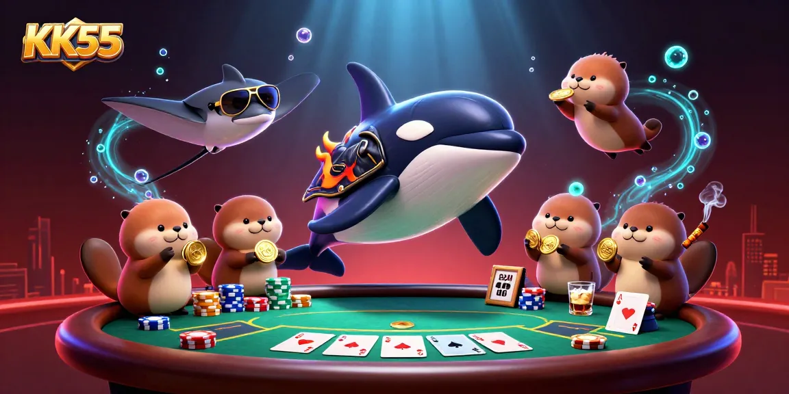 Engage in thrilling poker at KK55 with cartoon characters celebrating over jackpot wins.