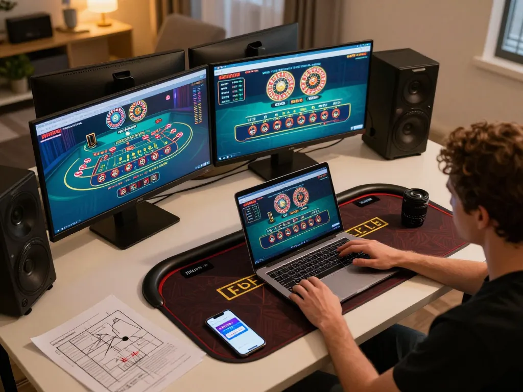 Engaging online gameplay with LODE88 live dealer casino setup in a stylish home office.