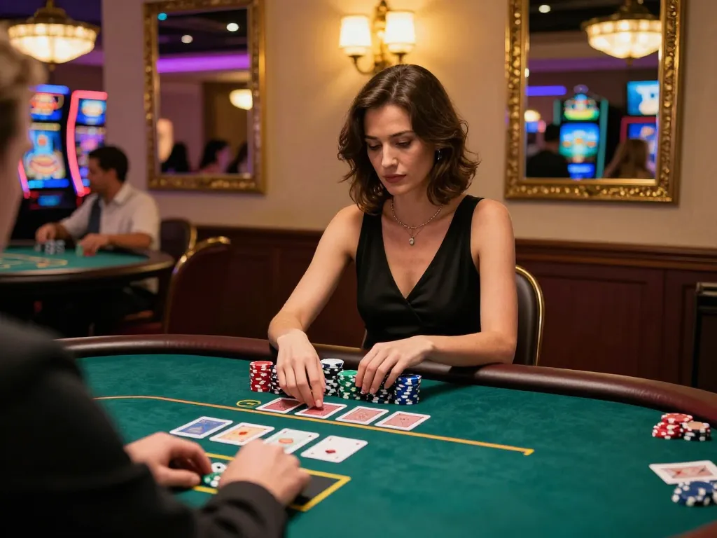 Engaged player at KJC com poker table, strategizing for a winning hand amidst a vibrant casino atmosphere.