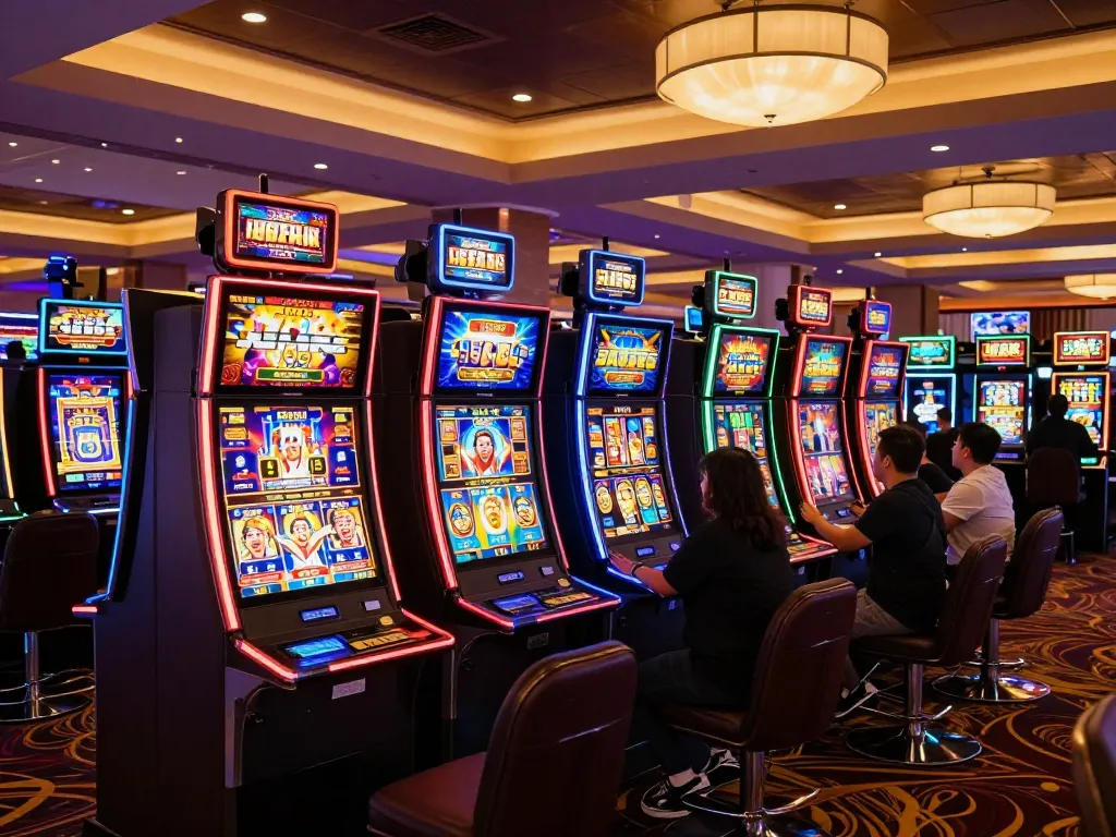 Players celebrating at vibrant slot machines, showcasing the thrill of slot gaming.