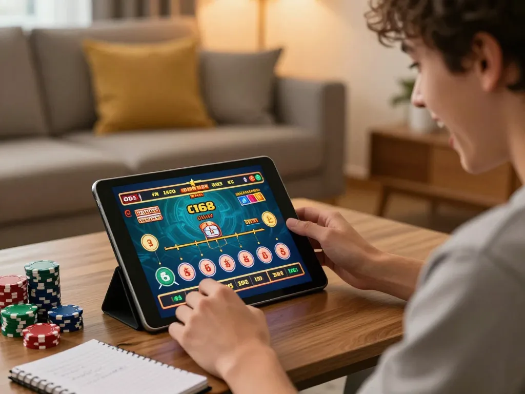 C168 player celebrating a win while engaging in online casino gameplay on a tablet.