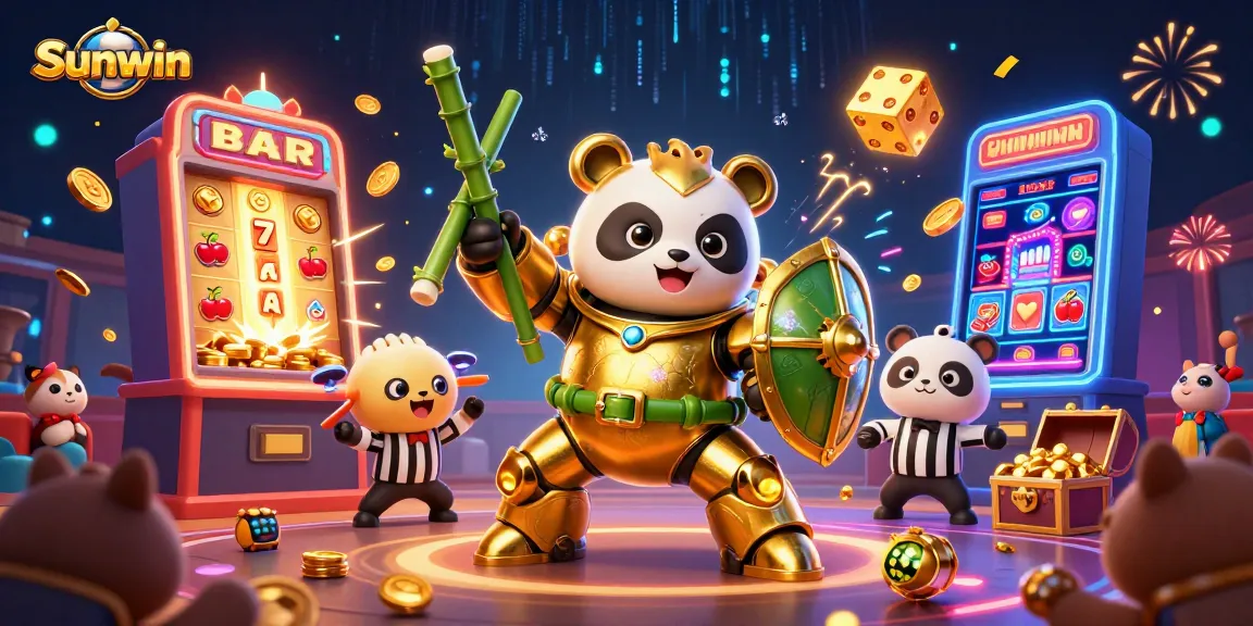 Experience the thrill of Sunwin with a golden panda in a dynamic casino-themed battle scene.