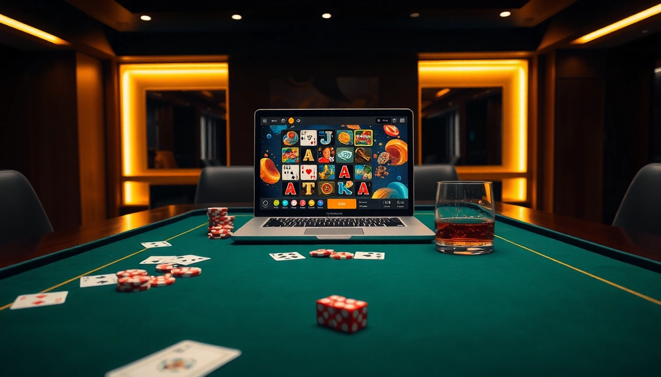 Exciting scene showcasing game đánh bài đổi thưởng with cards, chips, and gambling atmosphere.