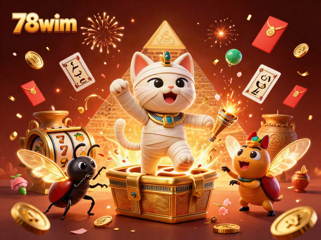 Experience thrilling action with 78wim, as the Egyptian mummy cat and friends emerge in a vibrant casino scene.