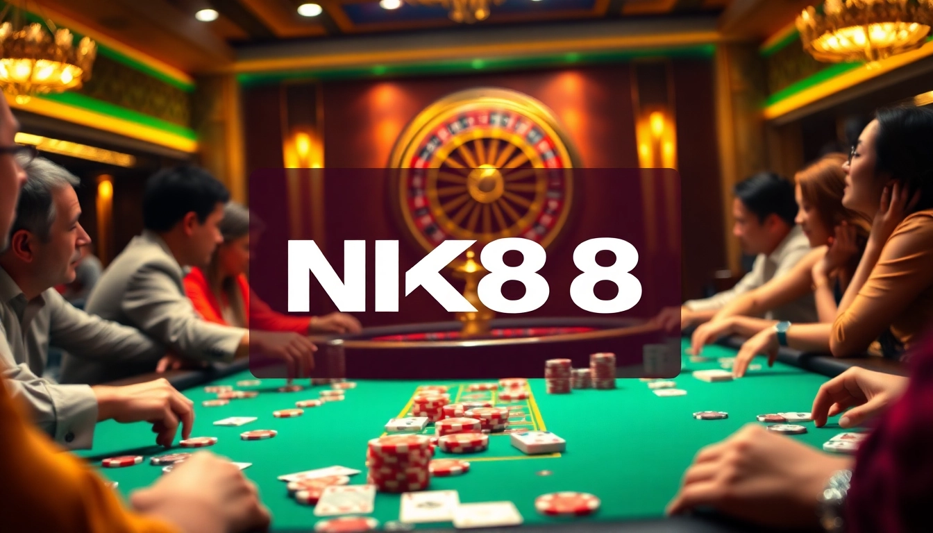 Exciting poker game scene showcasing NK88 casino experience with vibrant chips and cards.