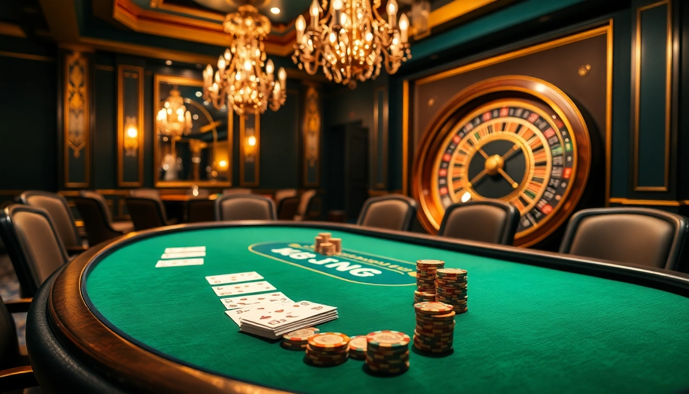 KJC poker table with high-quality cards and chips in a luxurious casino setting.