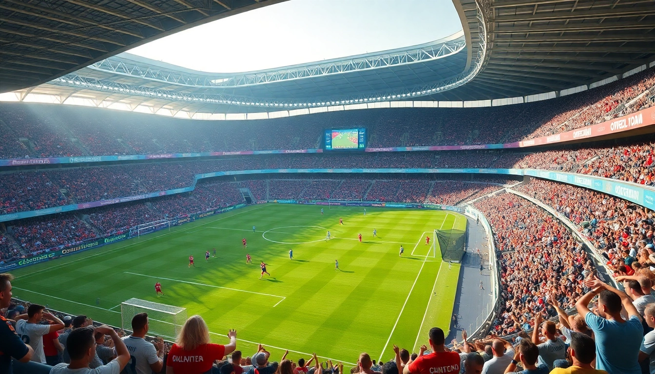 Exciting soccer action at a stadium, showcasing okwintv trực tiếp bóng đá experience with vibrant colors and dynamic engagement.