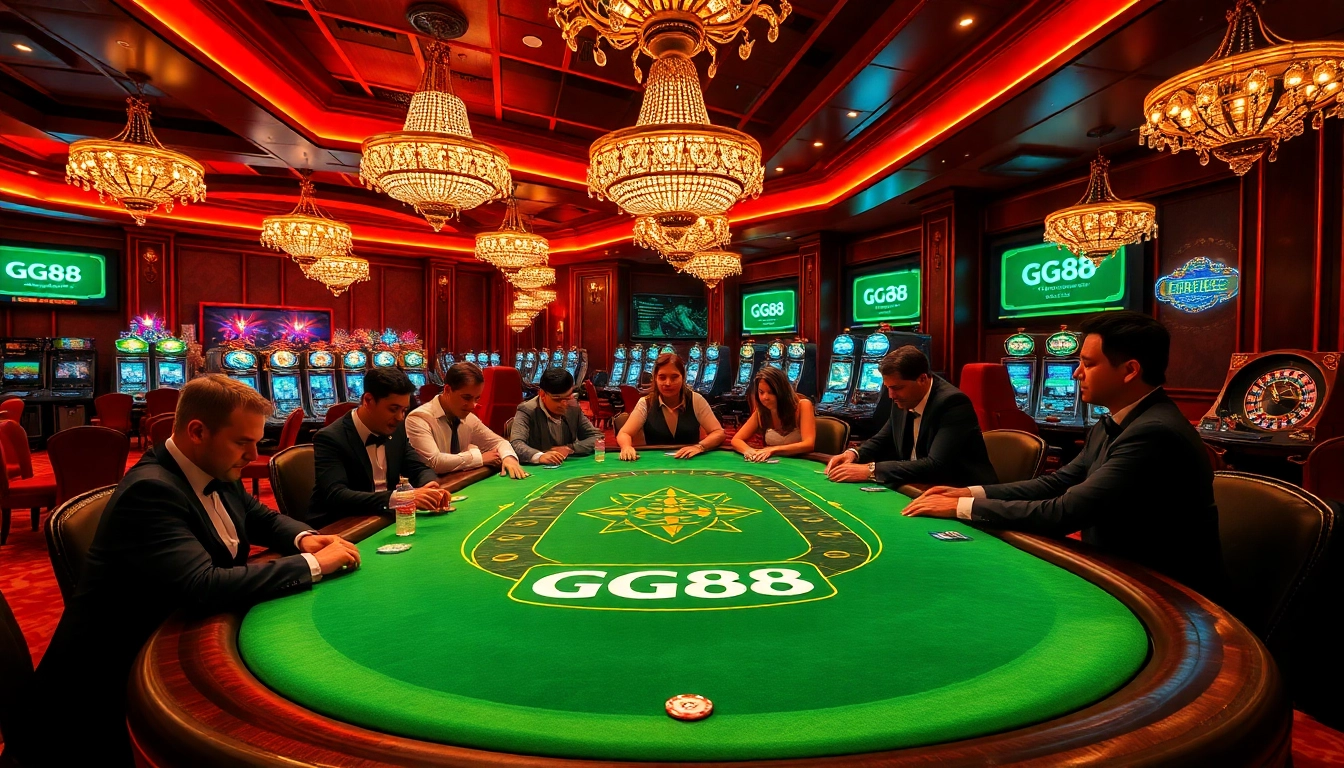 Experience high-stakes poker at GG88, featuring luxurious tables and intense players in a vibrant casino.