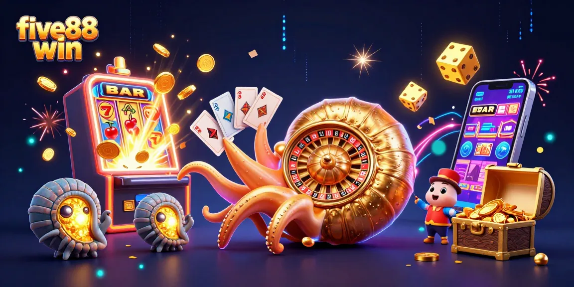 Experience big wins with five88 win in a vibrant casino scene with a giant nautilus and golden treasures.