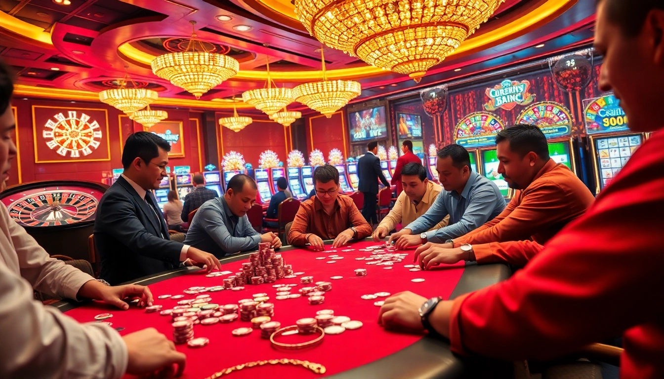 Experience the thrill of poker at 98win's vibrant casino with players and chips in action.