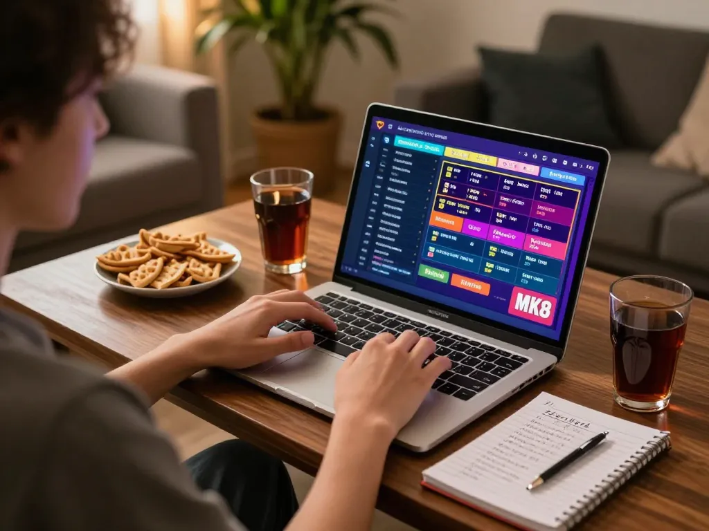 Player engaging in MK8 online betting from home, laptop screen showing betting interface and strategies.