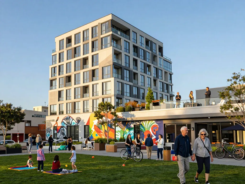 Five88 affordable housing development in San Francisco, showcasing community activities and modern architecture.