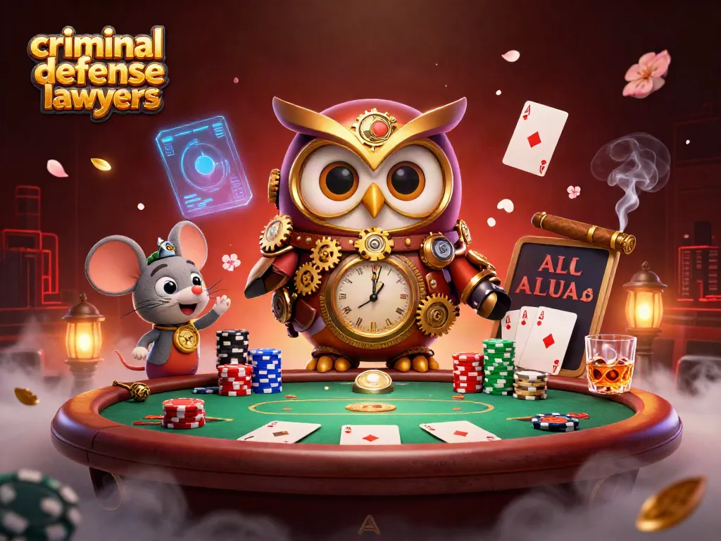 Engaging scene with a cartoon owl and mouse amidst a vibrant poker setting, showcasing criminal defense lawyers' theme.