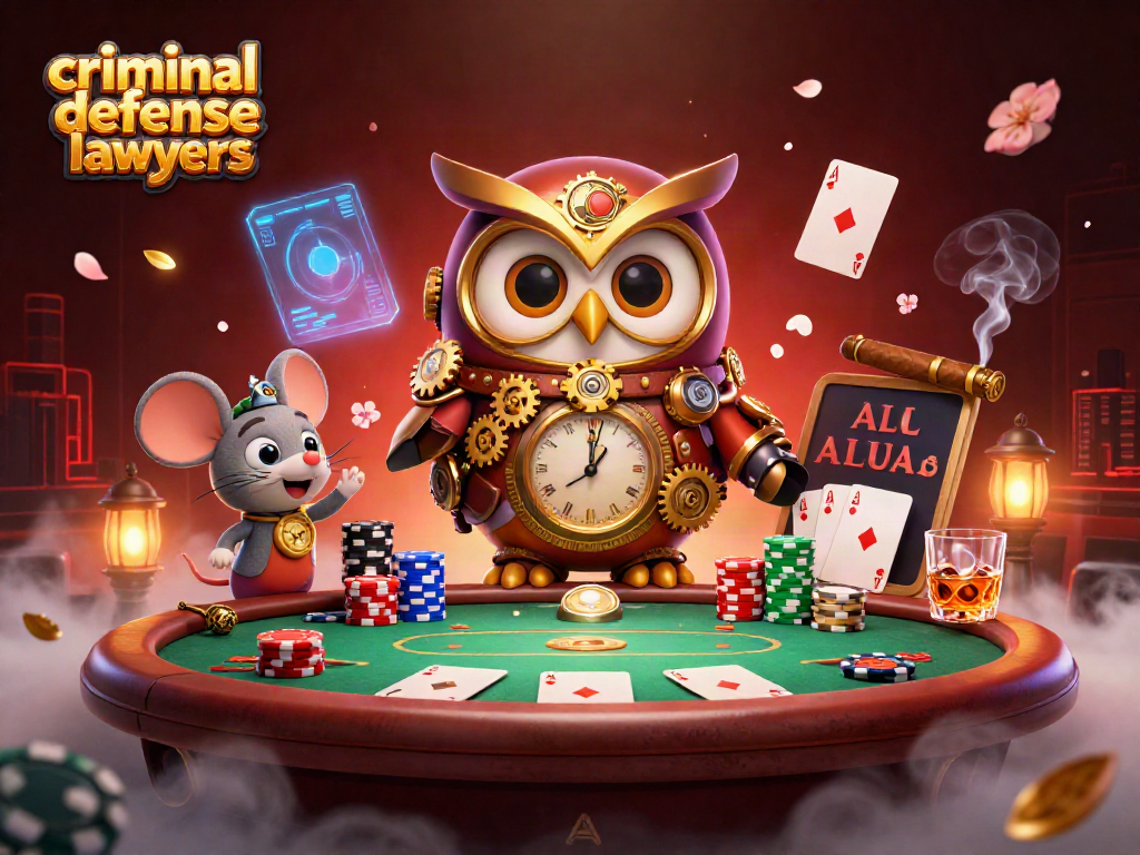 Engaging scene with a cartoon owl and mouse amidst a vibrant poker setting, showcasing criminal defense lawyers' theme.
