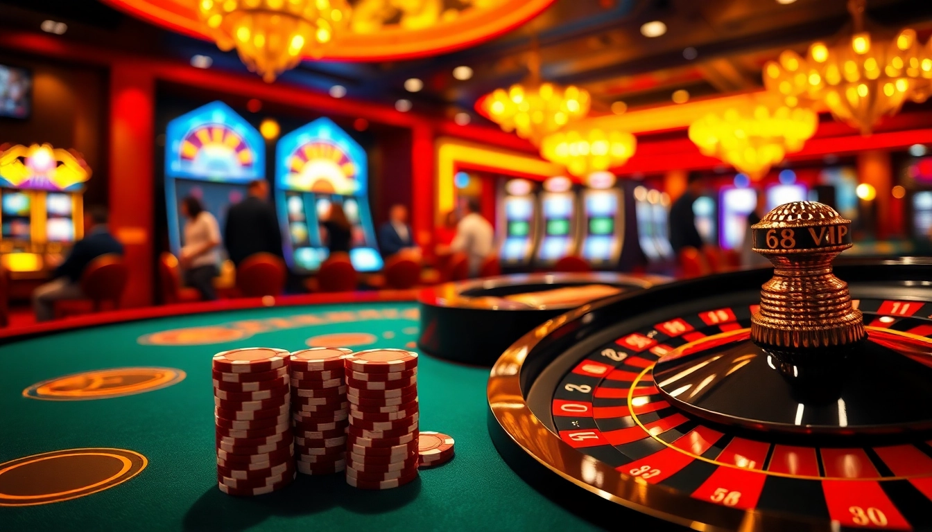 Gambling scene with 68VIP poker chips and roulette wheel showcasing high-stakes excitement.