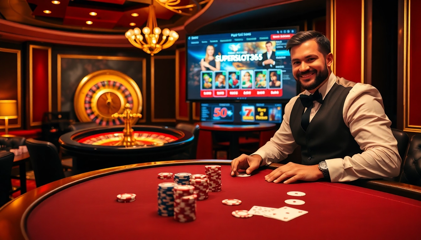 Exciting gaming scene at https://www.superslot365.net/ featuring a luxurious casino table and colorful poker chips.
