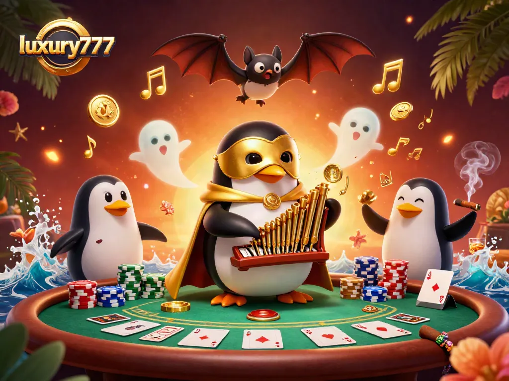 luxury777 players experience a thrilling casino scene with golden coins, poker chips, and dynamic characters