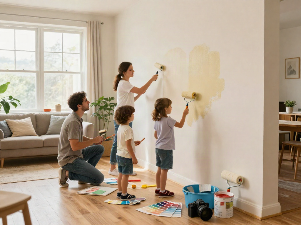 Family performing home repair services Des Moines Iowa with paint supplies and a warm atmosphere.