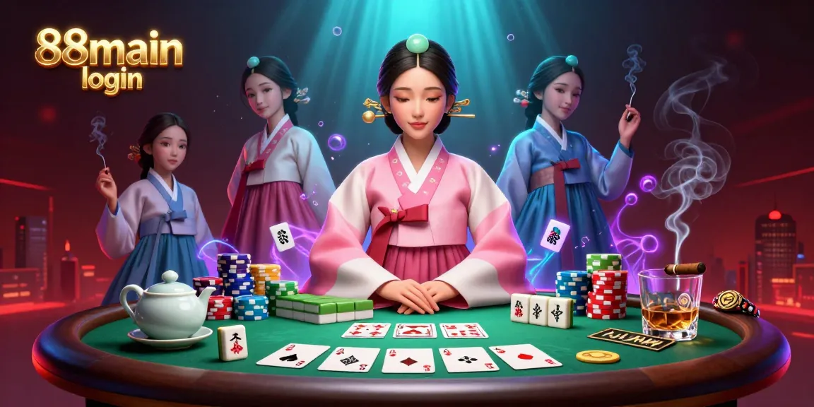 Ikuti aksi dengan login 88main, menampilkan seorang wanita Asia yang tenang di tengah elemen poker yang cerah dalam ilustrasi kasino yang menakjubkan.
