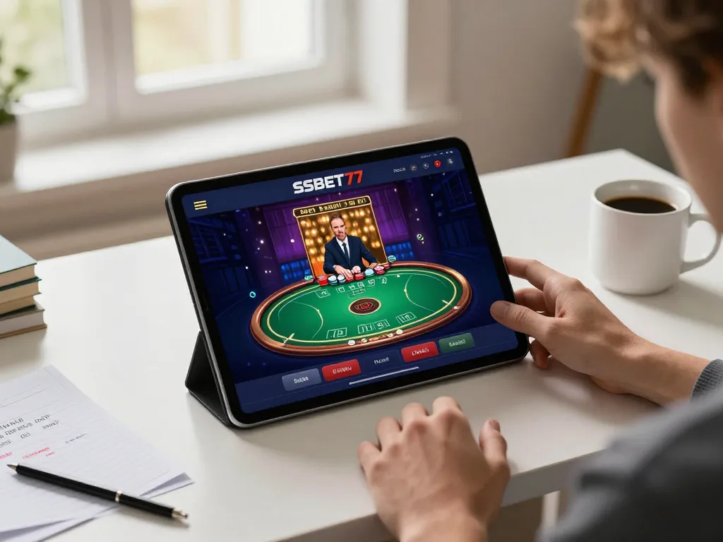 Engaging session of online gaming at SSBET77 showcasing live dealer action and poker strategy notes.