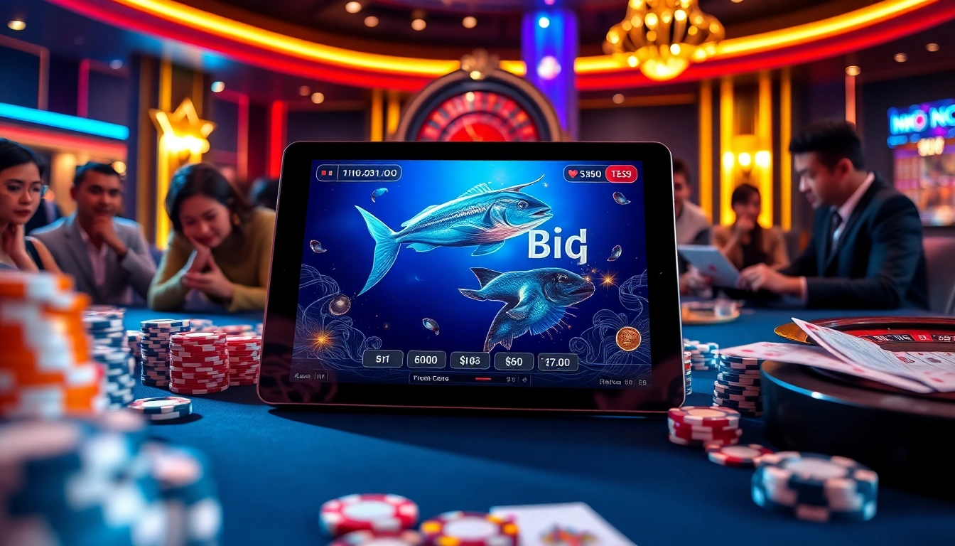 Bắn cá đổi thưởng gameplay displayed on a tablet with vibrant casino visuals and thrilling atmosphere.