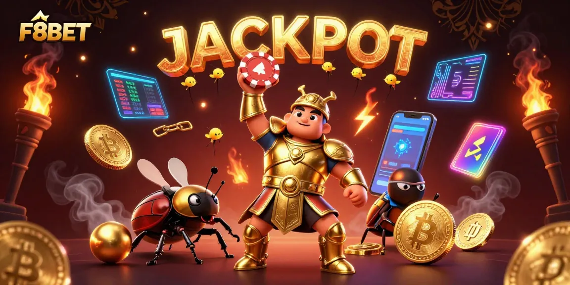 Engage with F8BET in this vibrant 3D scene showcasing a victory celebration in a casino-themed adventure.