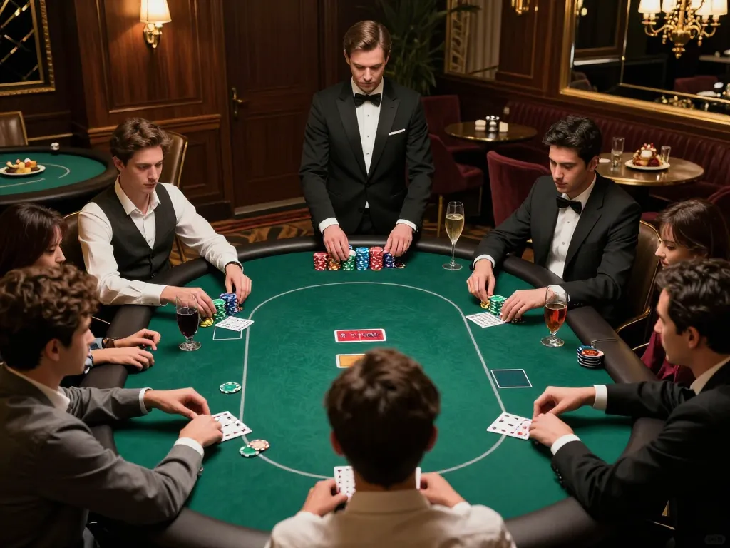 C168 players strategizing their hands in an upscale VIP poker game with elegant ambiance.