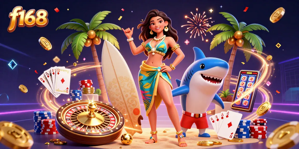 Play with excitement at f168, a vibrant casino scene featuring dynamic characters and sparkling games.