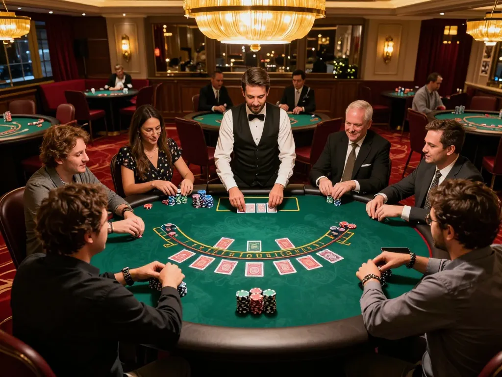 Engaged players at 79KING enjoy an exciting blackjack game with high stakes in a luxurious casino environment