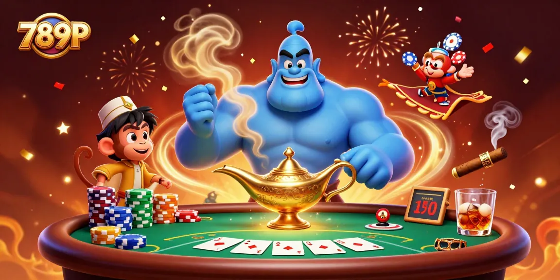 Experience 789P's exciting casino atmosphere with a scene featuring a genie, poker elements, and vibrant colors.