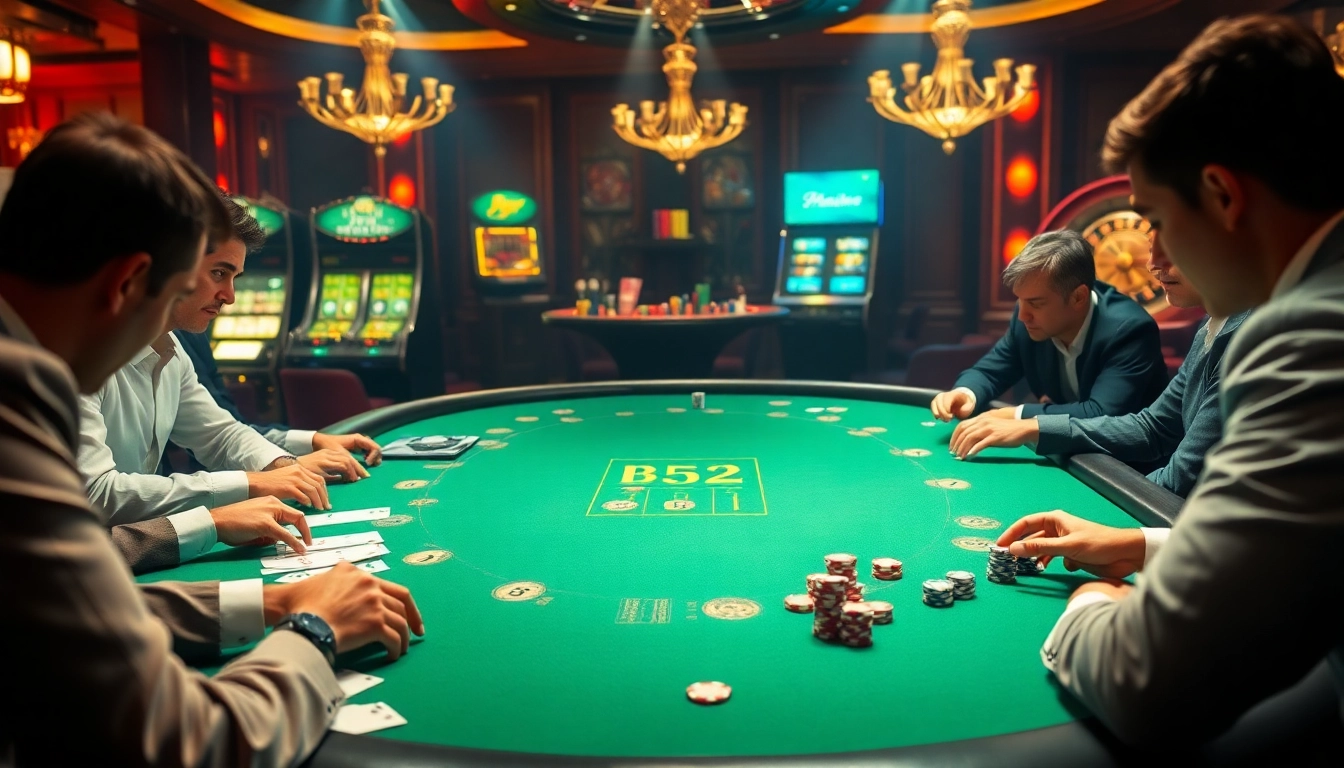 Experience the luxury of B52 casino gaming with players on a vibrant poker table.