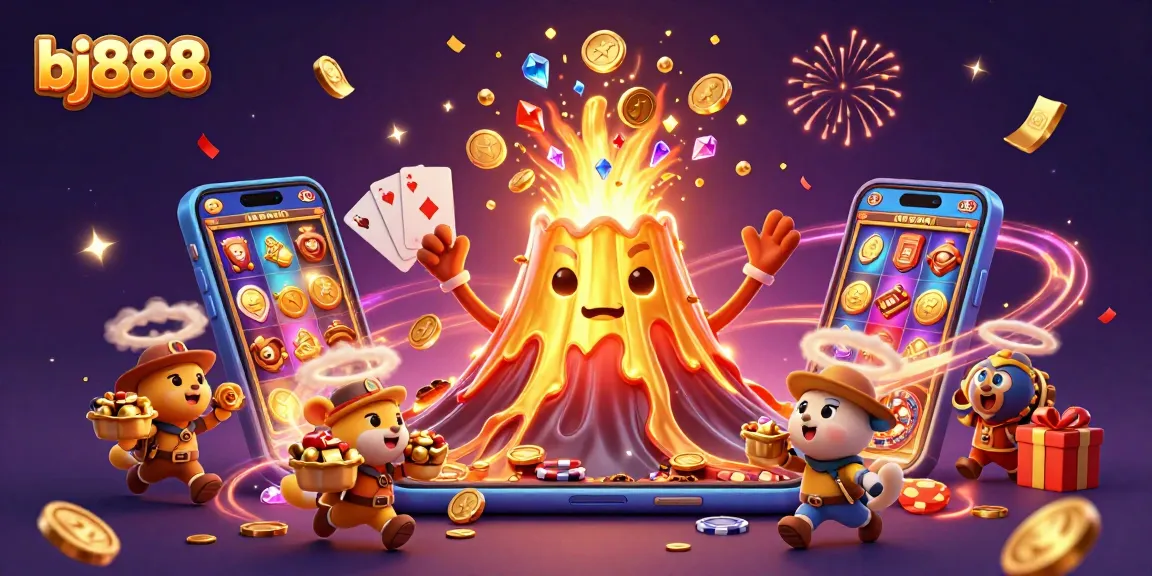 Win big at bj888 with an epic 3D scene of a golden volcano erupting coins and playful explorers.