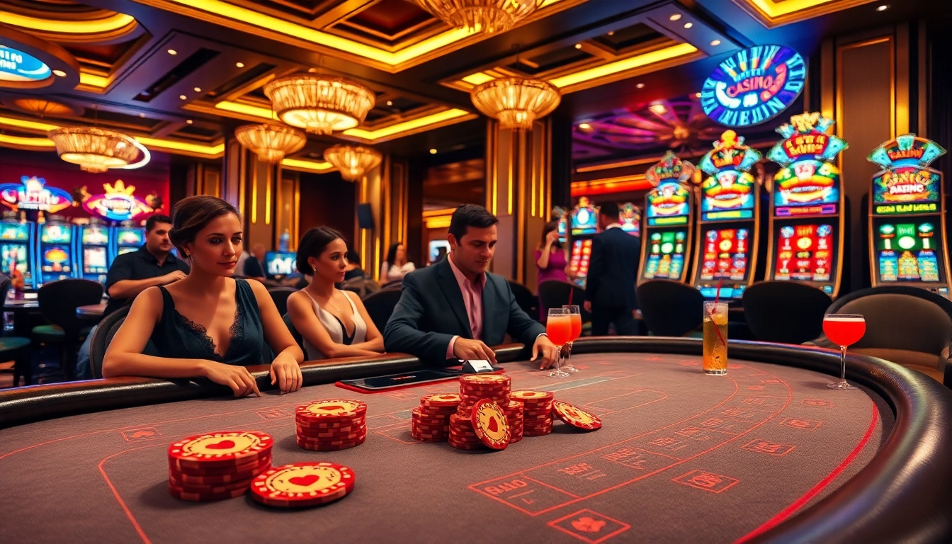 Experience the thrill of tha casino with players enjoying luxurious gambling at a vibrant table.