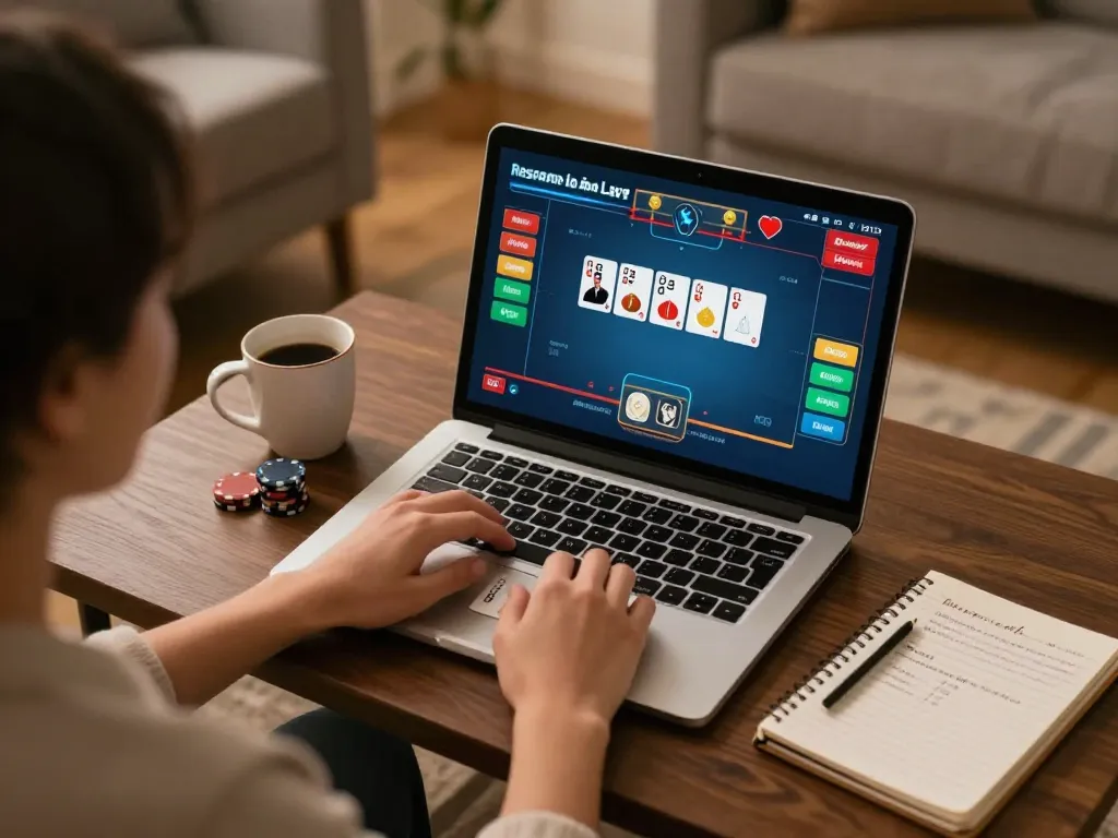 Player engaged in strategic poker gameplay on 789CLUB app in a cozy home setting.