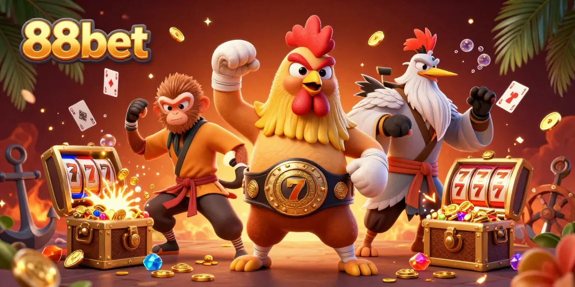Engage with 88bet's vibrant scene featuring a Muay Thai rooster and playful characters in a rich casino setting.