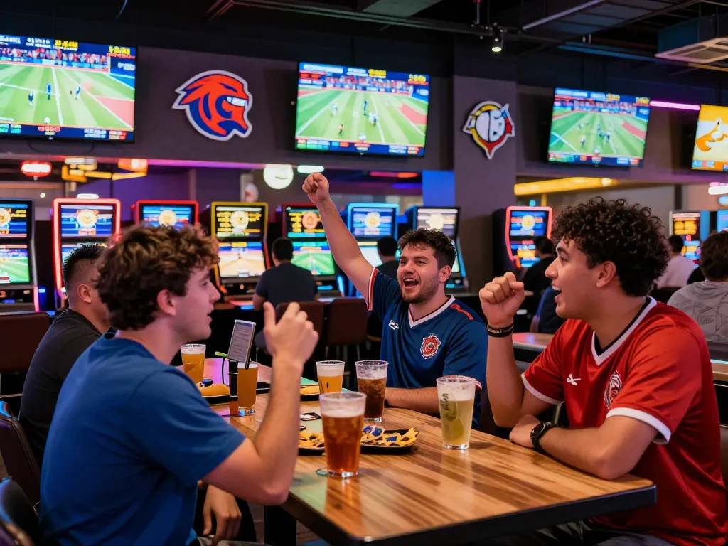 Excited patrons engaging in sports betting at F8bet's modern casino sports bar.