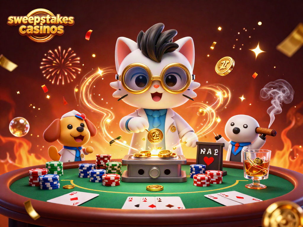Engage in sweepstakes casinos with a vivid 3D scene depicting a mad scientist cat creating gold coins.
