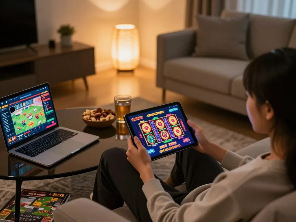 Engaging with the go88 casino app on a stylish tablet, showcasing online gaming strategies