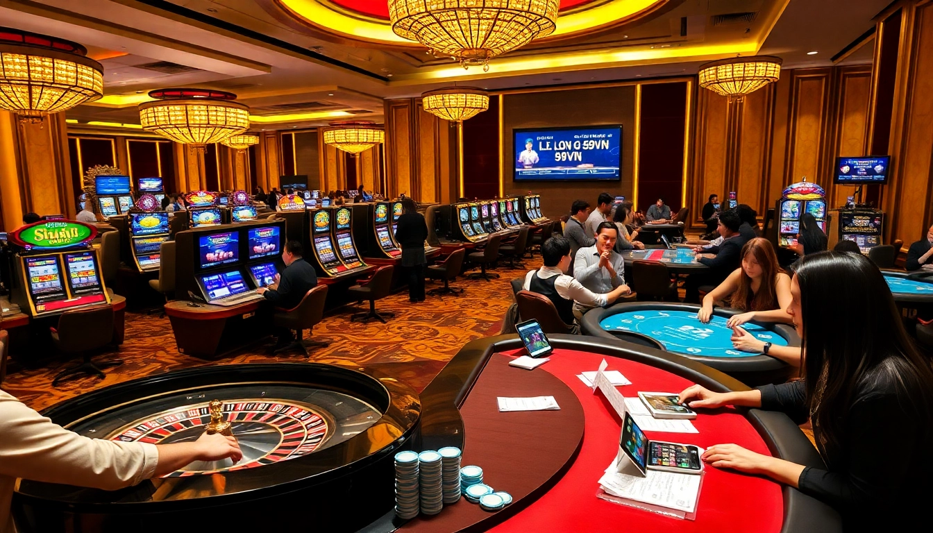 Engaging scene of Lô đề 69VN players placing bets at luxurious casino tables, highlighting excitement and strategy.