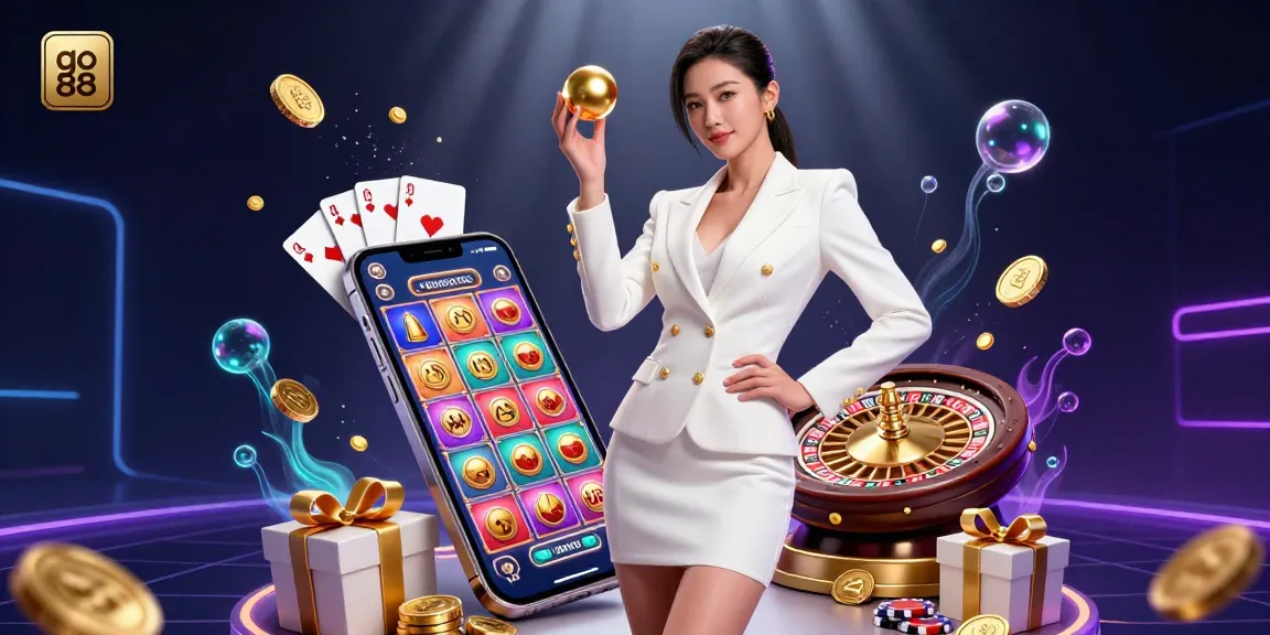 Experience the excitement of go 88 with a stylish Asian dealer presenting casino games amid vibrant gambling elements.