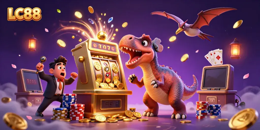 Experience thrilling jackpots with LC88 as cartoon dinosaurs celebrate wins in a vibrant casino