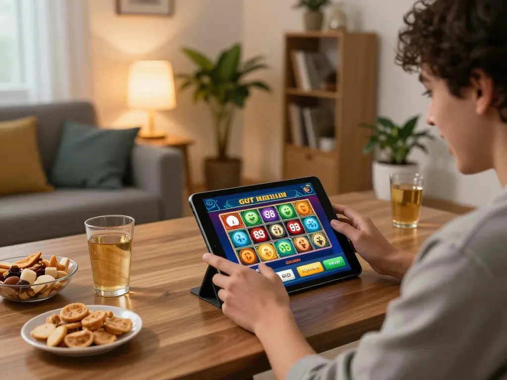 Player enjoying the go 88 mobile app for online gaming in a cozy living room setting.