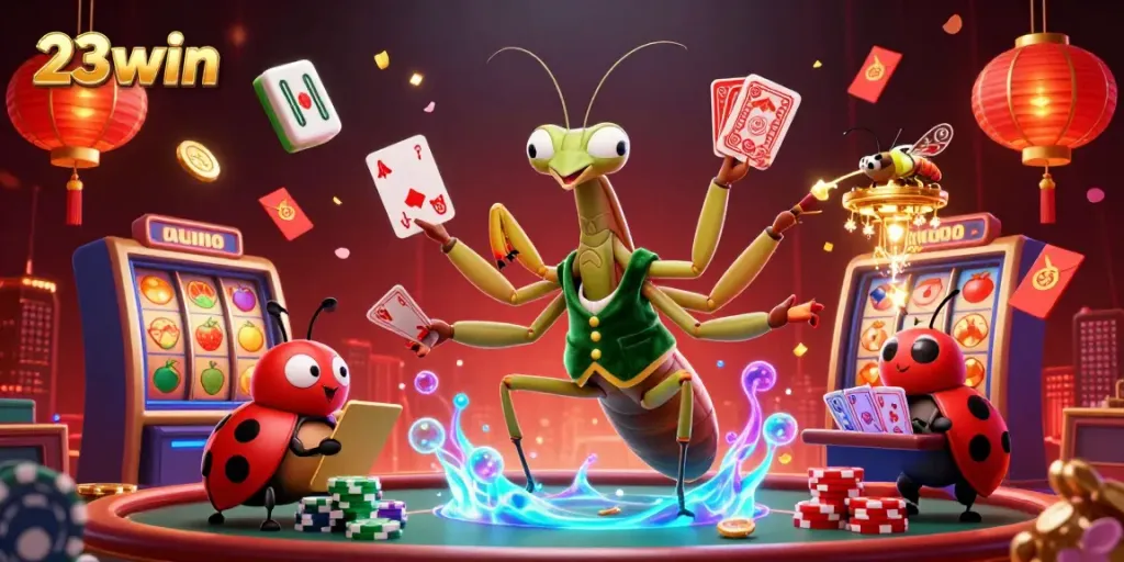 Experience vibrant casino action with 23win, featuring a giant mantis card sharp and ladybug pit boss.