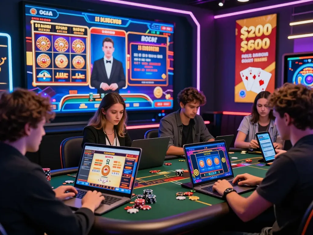 Engaging online gambling atmosphere with players at Onbet.com using various devices in a vibrant casino setting.