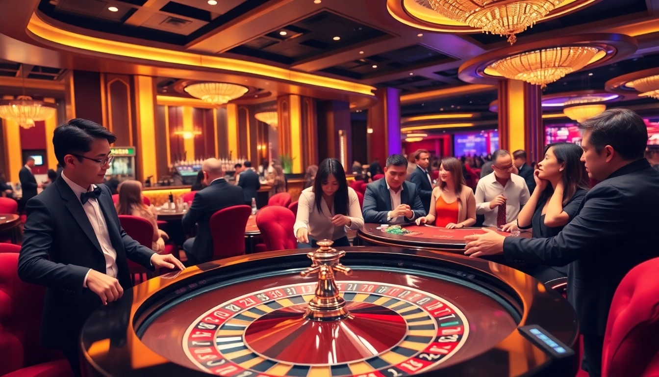 Players engaging intensely at NHÀ CÁI HBBET's vibrant roulette table, showcasing luxury and excitement.